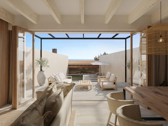 Vista al patio interior con piscina desde comerdor - Cas Concos