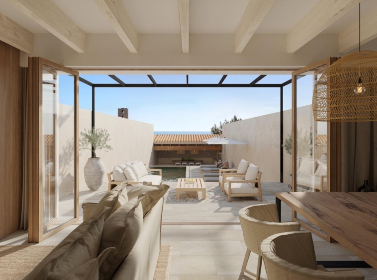 Vista al patio interior con piscina desde comerdor - Cas Concos