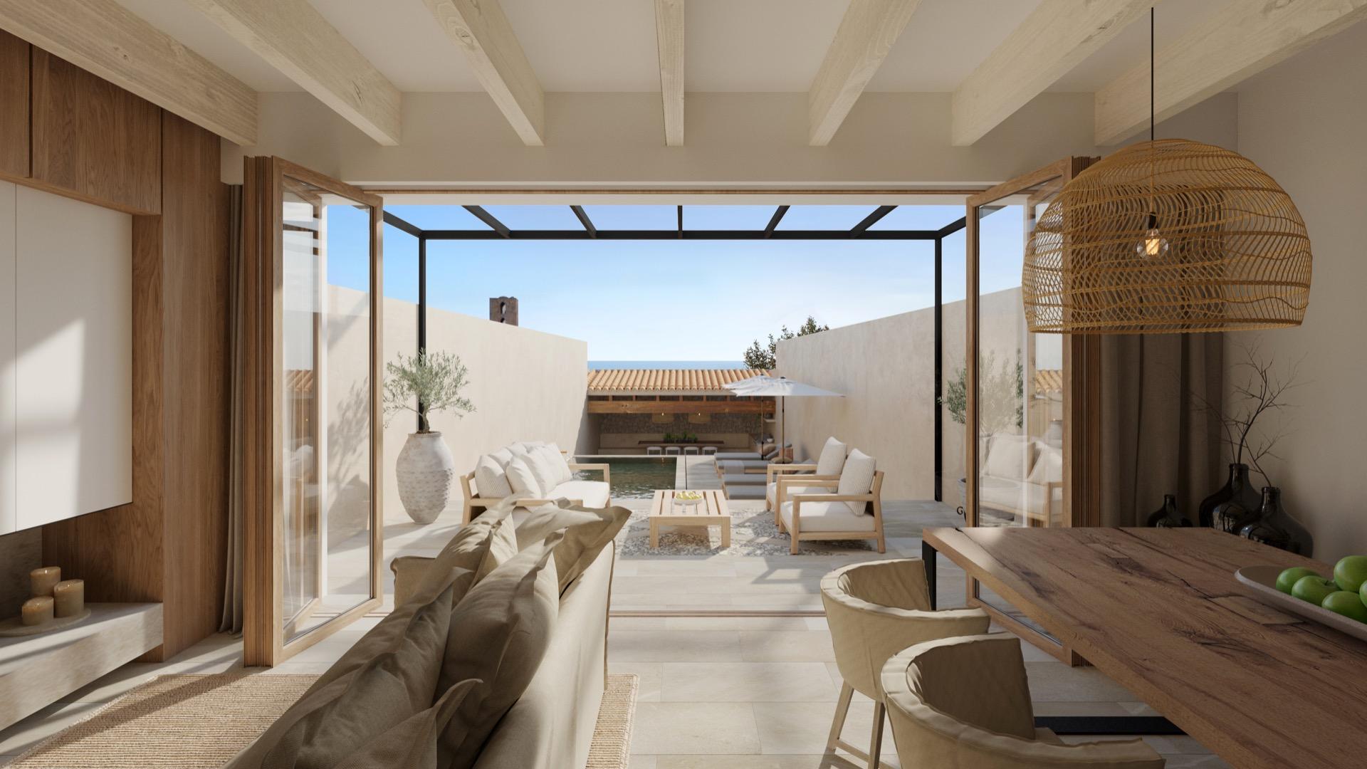 Vista al patio interior con piscina desde comerdor - Cas Concos