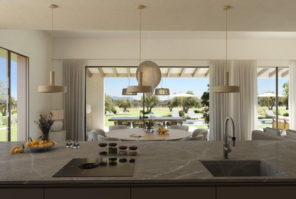 Comedor con vista al exterior con piscina y jardín en terreno rural