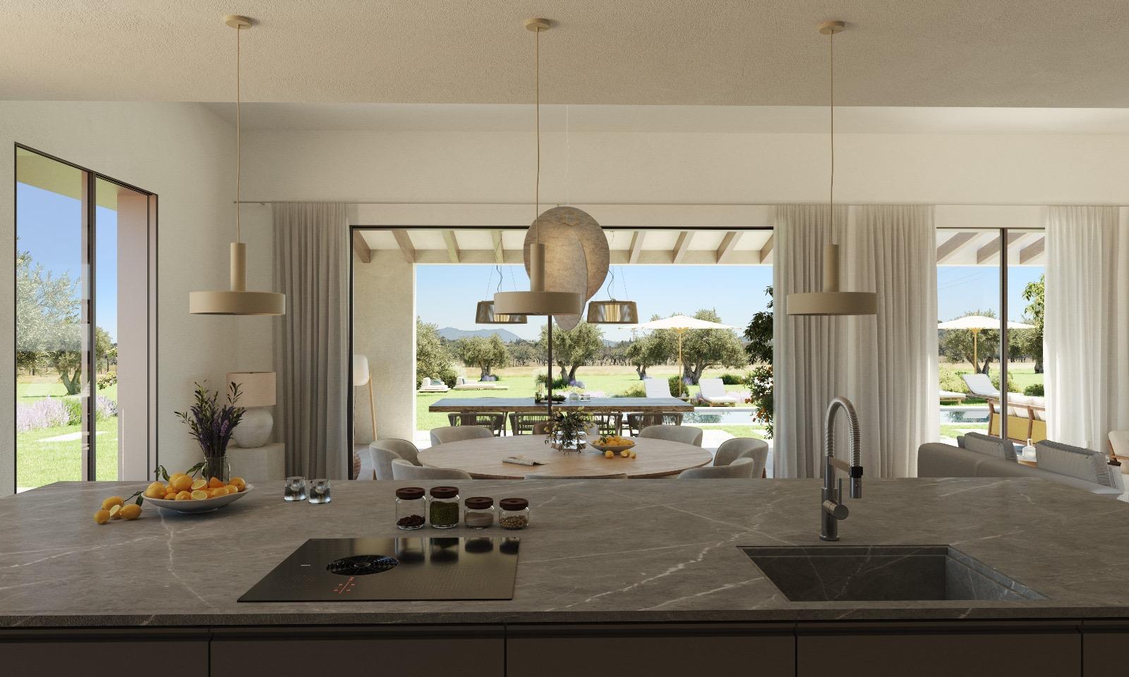 Comedor con vista al exterior con piscina y jardín en terreno rural